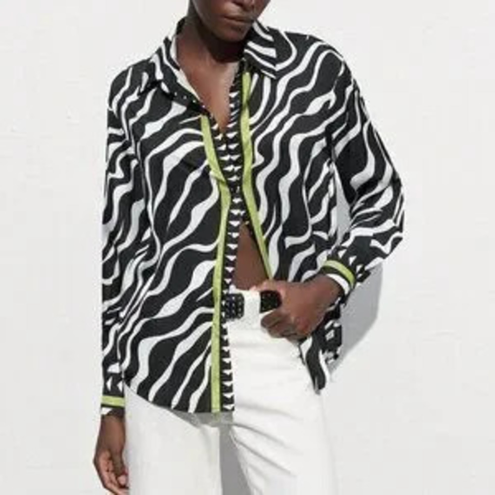ZARA Black Casual Women's Round Neck Long Sleeve Zebra Print Shirt